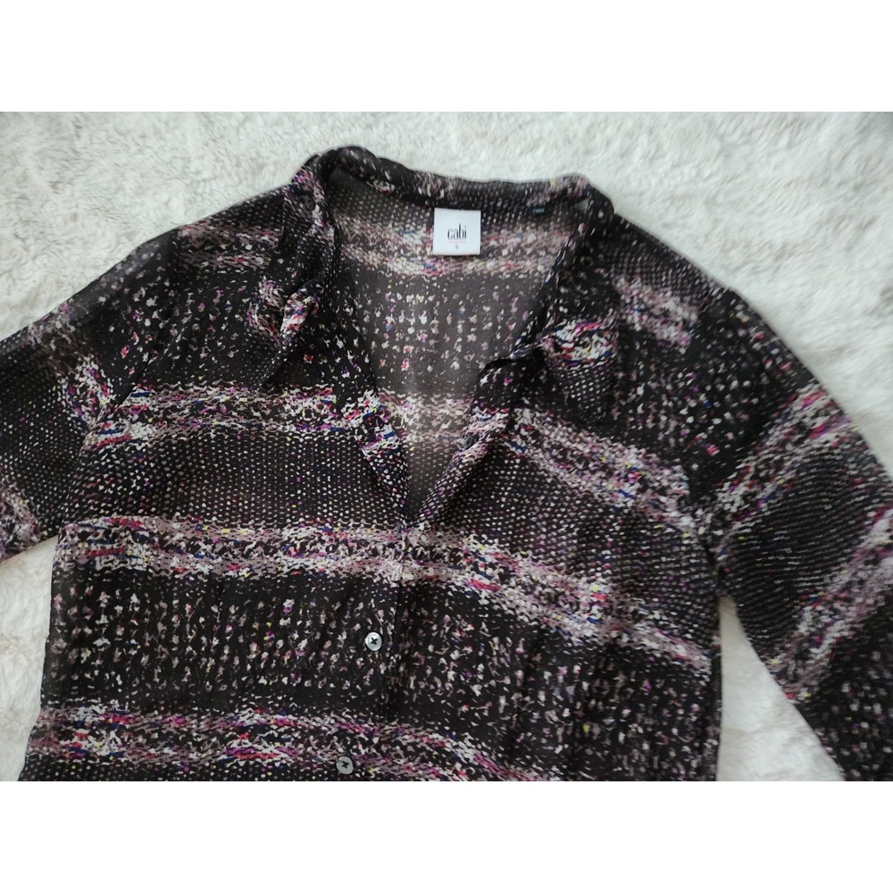 Cabi #3249 Paris Confetti Stripe Abstract Print Sheer Blouse Top Size Small
